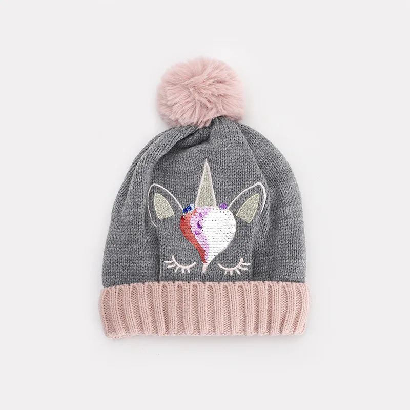 

Babyinstar Baby Girls Cartoon Unicorn Sequin Knitted Hat Toddler Children Wool Cap Girls Winter Hats Winter Accessories for Kids