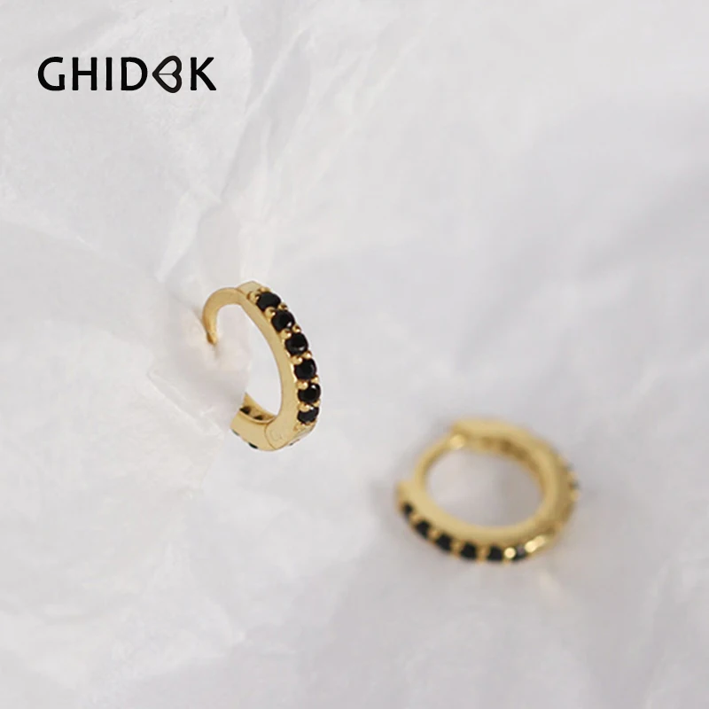 GHIDBK 7 мм крошечные S925 серебро изысканные CZ серьги кольца для женщин Huggie черный