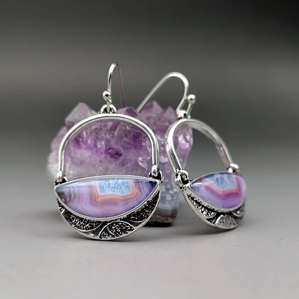 

Purple Chalcedony Crystal Agate Earrings Silver Plated Bohemian Ethnic Style Hanging Vintage Gemstone Earrings Women's Jewelry