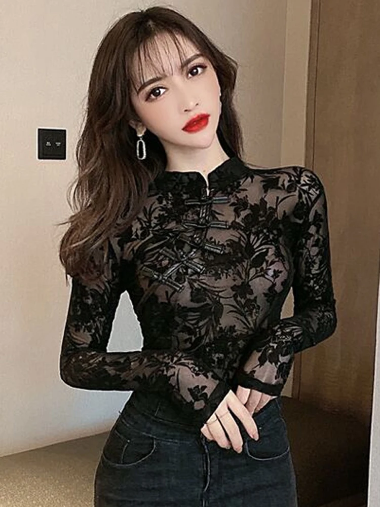 

black vintage basic tops Retro buckle women's long sleeves slim slimming lace bottoming shirt tops women