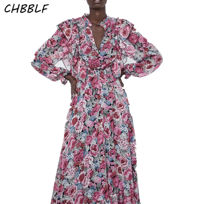 

CHBBLF women stylish floral midi dress v-collar lantern sleeve elastic waist ruffles female beach style loose vestido BGB9797