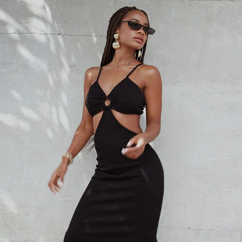 

Summer dress fashion hollow strap strap design sense polyester slim bag hip long dress woman