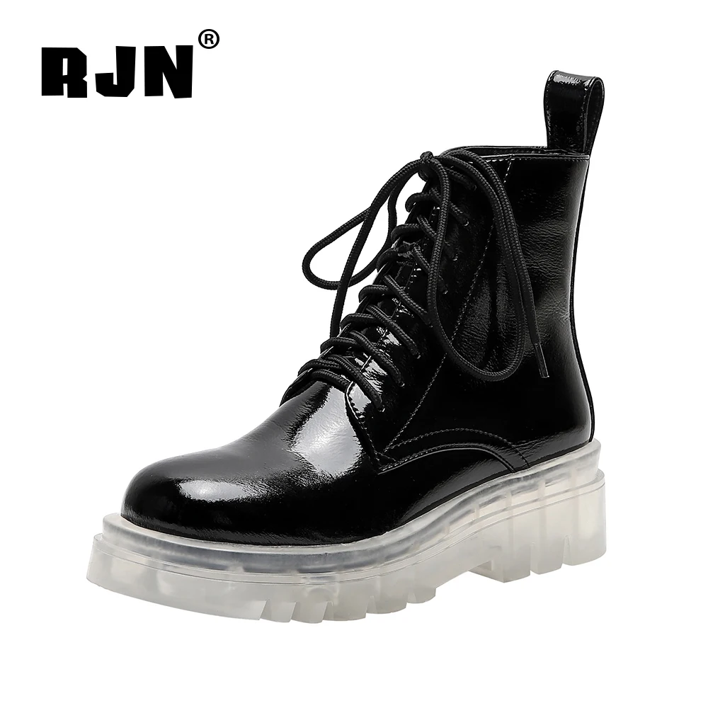 

RJN Brand Design Martin Boots Autumn New Style Round Head Transparent Thick Bottom Cow Leather Lace-up Women's Boots Basic RO159