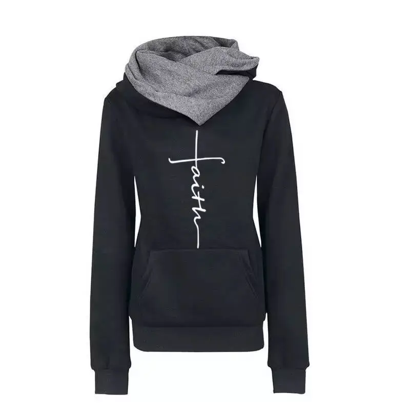 

Autumn Winter Hoodies Sweatshirts Women Faith Embroidered Sweatshirts Long Sleeve Pullovers Christmas Casual Warm Hooded Tops