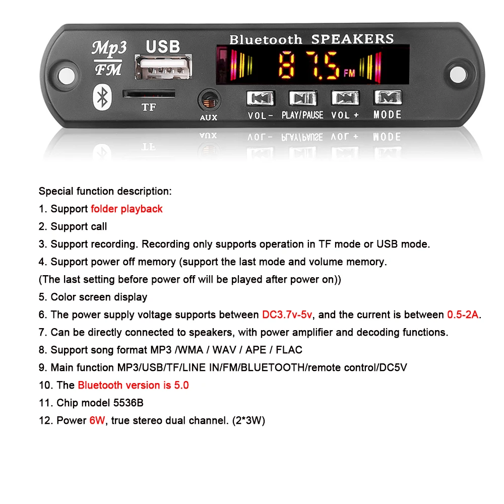 Bluetooth V5.0 Автомобильный MP3 декодер плата mp3-плеер DC 5 в 18 50 Вт усилитель USB-модуль