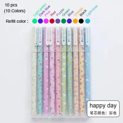 Happy day 10 colors FULAIKATE модные канцелярские принадлежности Цветочный цвет воды ручка пользовательский цвет нейтральный черный вода 10 цветов Набор Студенческая офисная универсальная ручка - Цвет: Happy day 10 colors