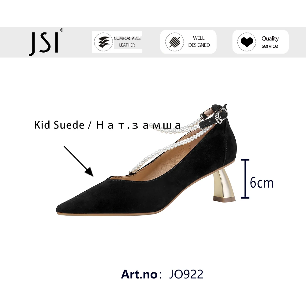 

JSI Sexy Suede Leather Female Mid Heel Basic String Bead Dress Spring Autumn Pointed Toe 2021 New Ankle Strap Shoes Women JO922