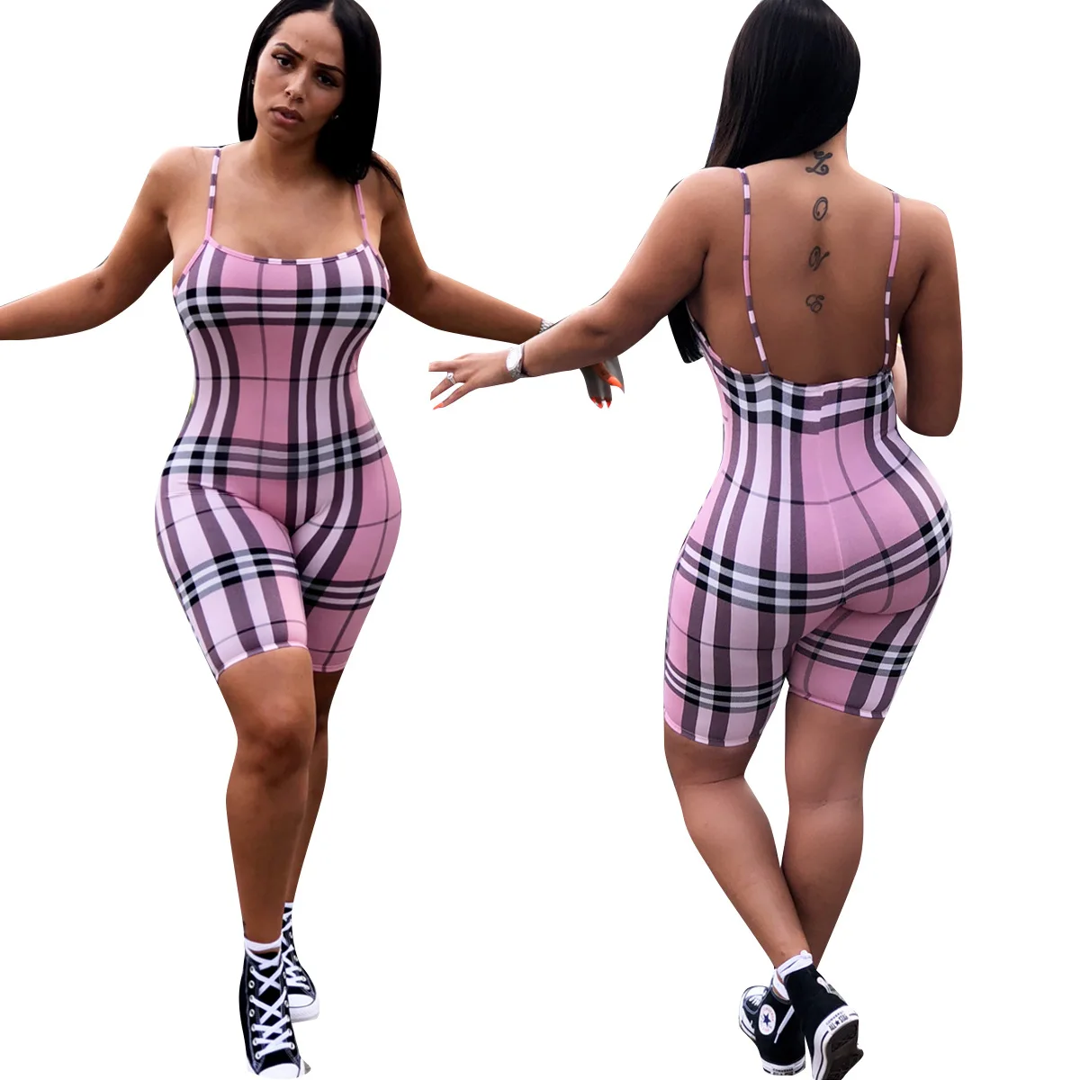 Fashion Jumpsuit for Women 2020 Summer Spaghetti Straps Plaid Print Skinny Playsuit Overalls Short Rompers Women Jumpsuit images - 6