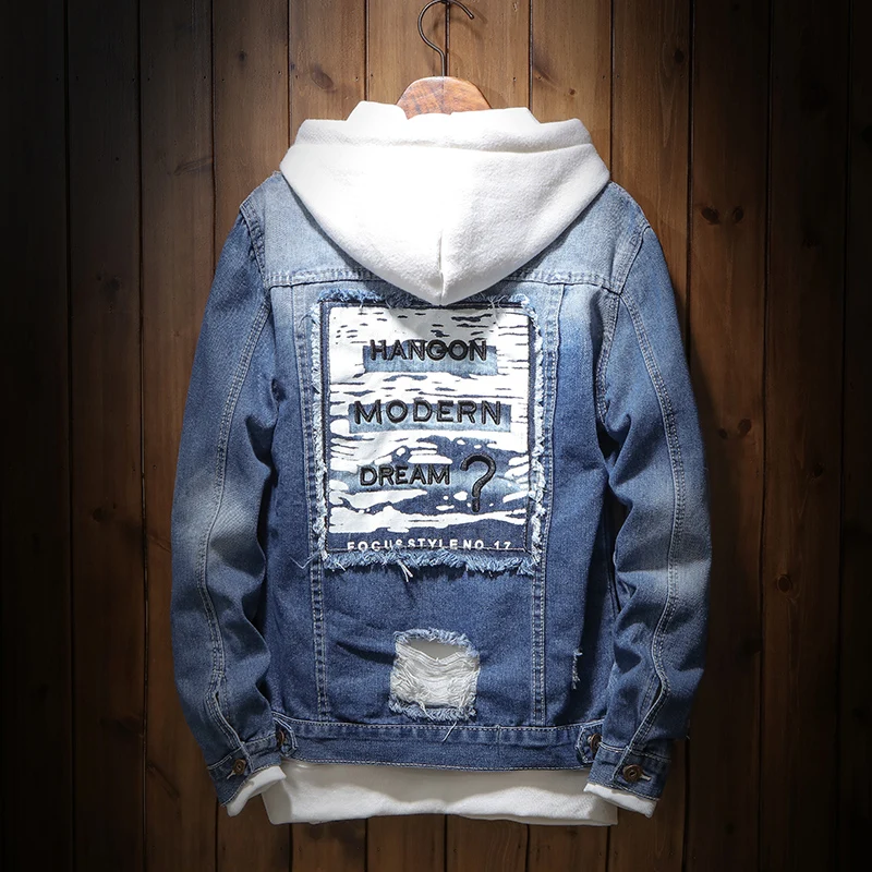 Куртка-бомбер мужская рваная джинсовая модная повседневная одежда свободный