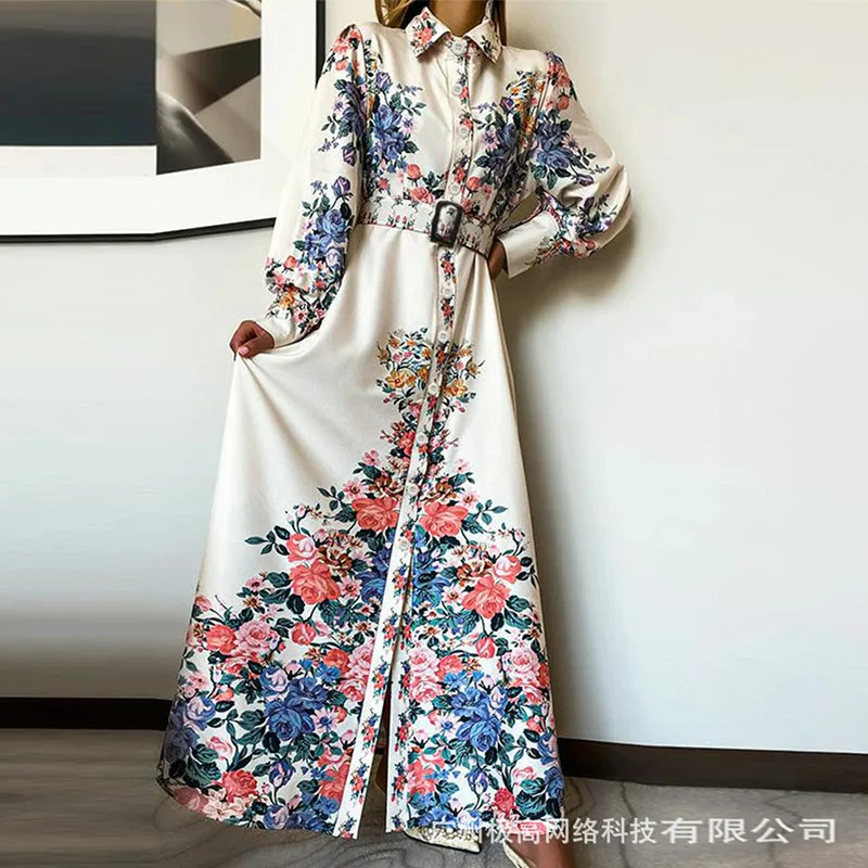 

Donsignet Women Dress New Autumn Printed Lantern Sleeve Shirt Dress Vestido Feminino Women Fashion Maxi Dresses Without Belt