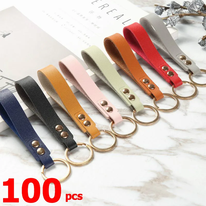 

100 Pcs Lot Wholesale Bulk Sale PU Leather Keychain for Car Key Wallet Clip Ring Women Men Handmade Accessories DIY Crafts Gift