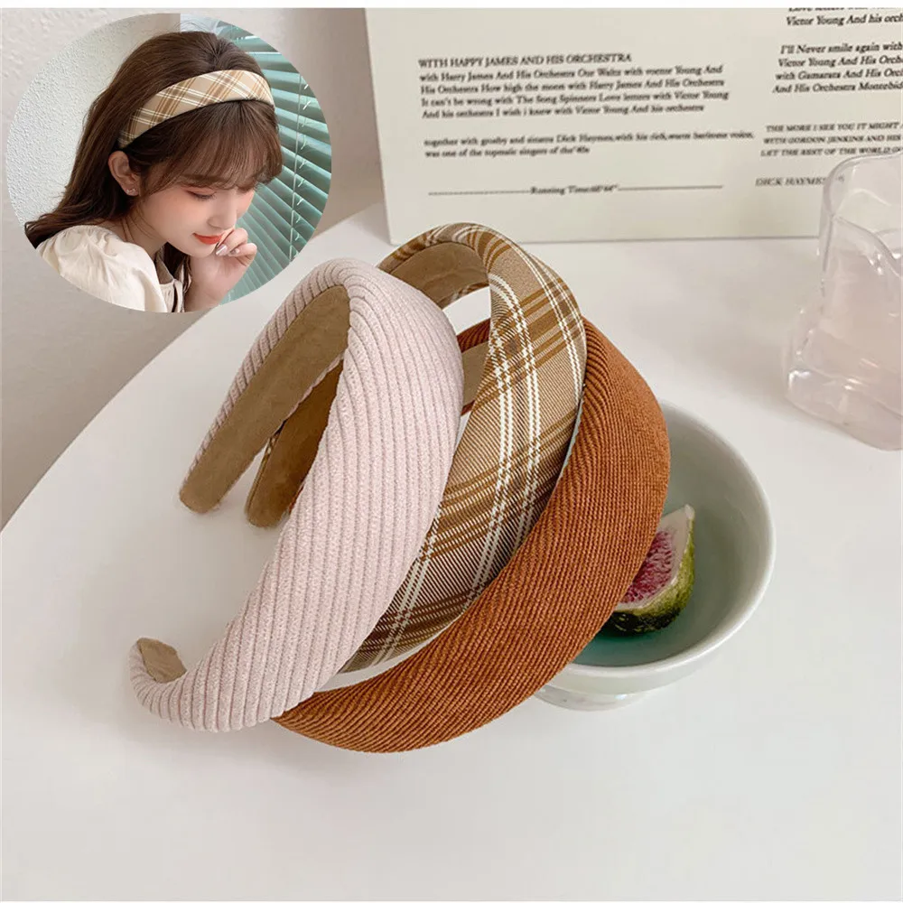

Vintage French Plaid Women Headbands Wide Corduroy Twill Hairbands Korean Head Wrap Elegant Hair Hoop Hair Accessories