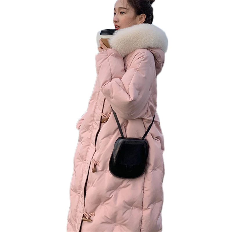 Женская длинная куртка пуховик на утином пуху с капюшоном и воротником из