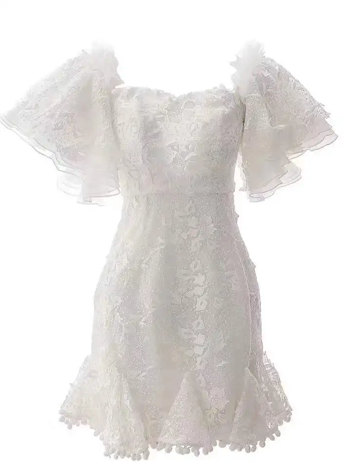 Летние 2019 белого цвета платье с вышивкой принтом в виде бабочки рукав фонарик