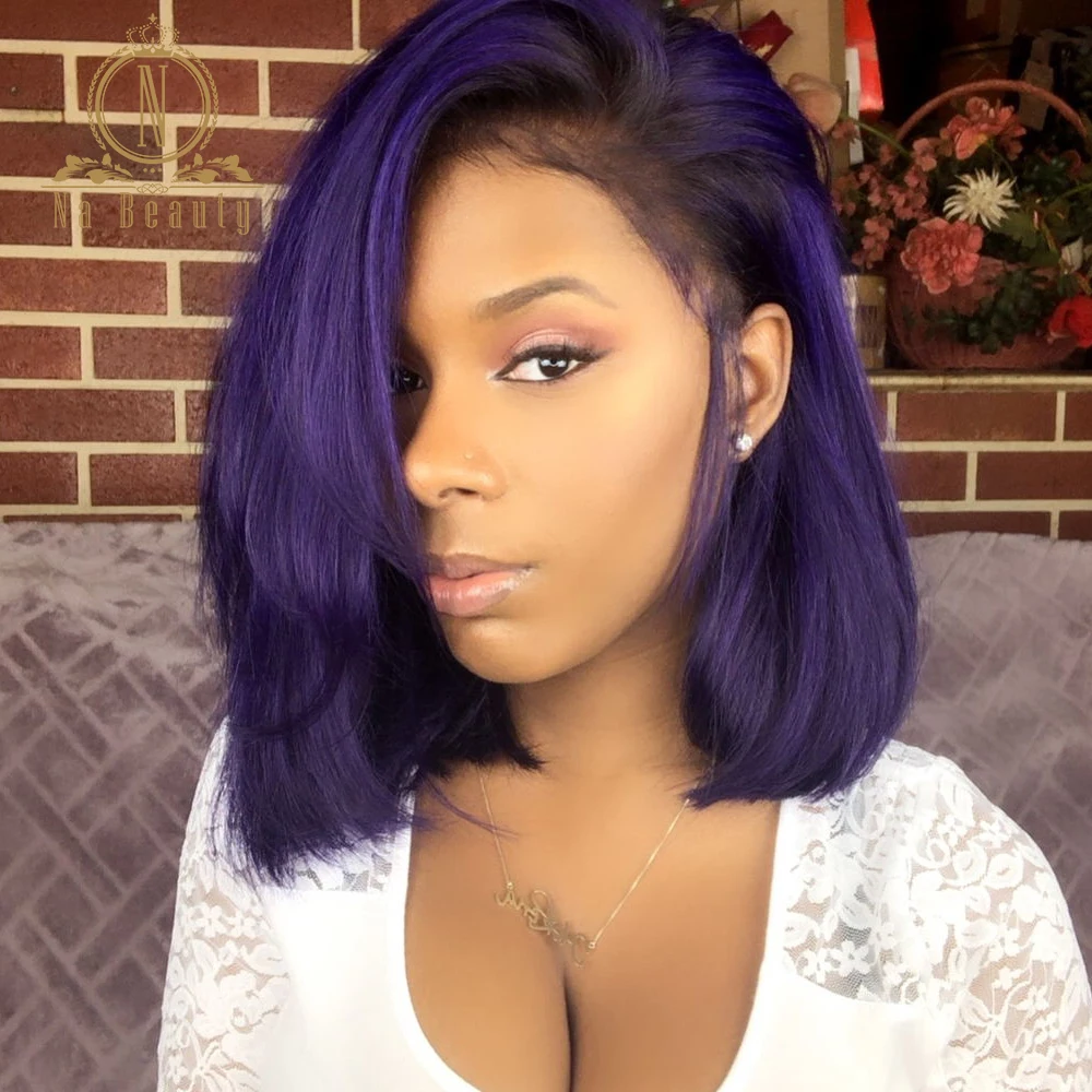Violet Purple 13x4 Transparent Lace Front Human Hair Wigs Short Bob Brazilian Straight Ombre Bob Wig Remy Nabeauty 180