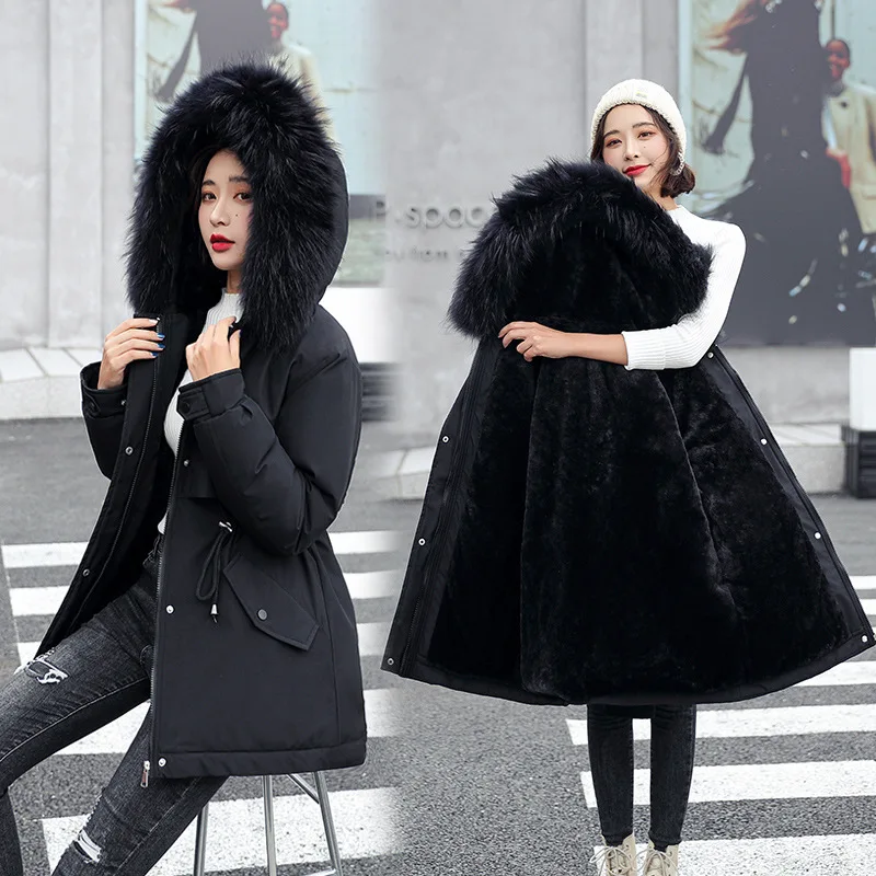 

Women Thickened Down Jacket Winter Warm Down Coat Korean Mid-length Cotton Fleece Liner Fur Collar Plus Size Parker Jacket