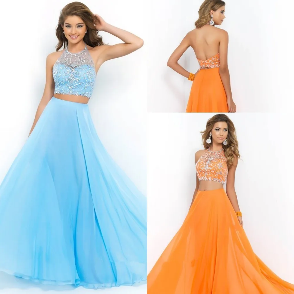 

2016 Exquisite A Line Crew Neck Beaded Pattern Two Piece Prom Dresses Floor Length Train Light Blue Long Party Gowns