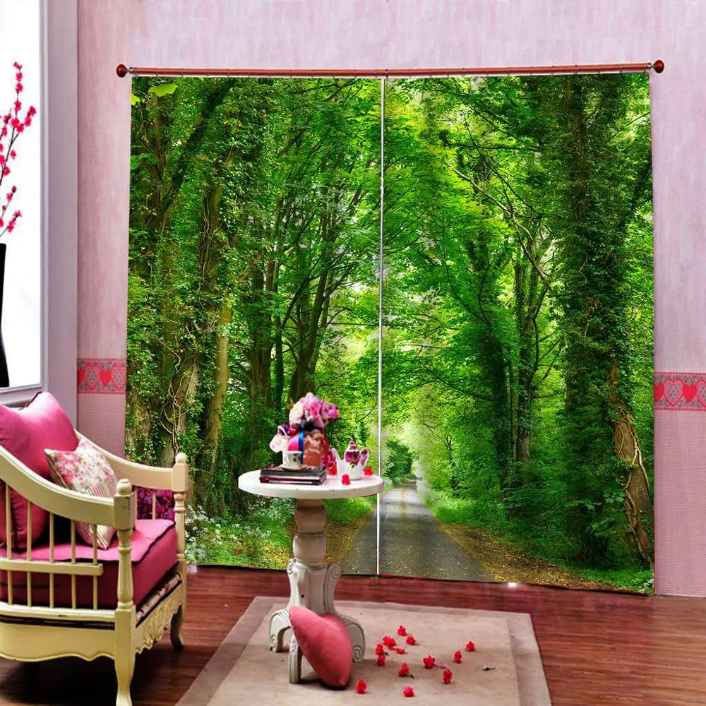 HD Большие индивидуальные природные пейзажи лес дорога фото занавес для гостиной