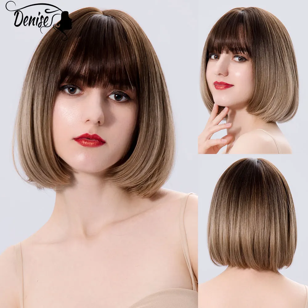 

Short Brown Straight Nutural Ombre Hair Synthetic Wigs For White Women With Bangs Daily Cosplay Heat Resistant Fiber Bob Wig