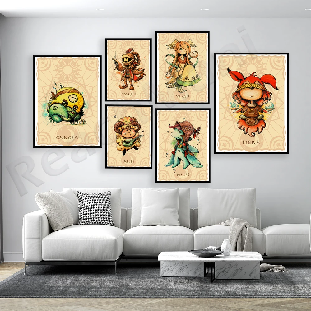 

Cute Cartoon Zodiac Canvas Painting Horoscope Poster Print Wall Art 12 Logo Pictures for Living Room Home Decor