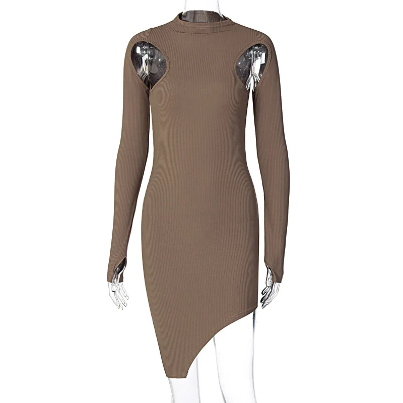 

WJFZQM Sexy Hollow Out Ribbed Dress Women Long Sleeve Club Party Dress Fashion Asymmeerical Dress Women Autumn Ladies Vestidos