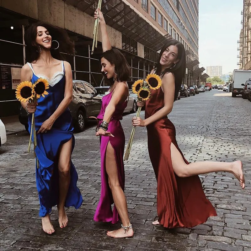 Атласное шелковое сексуальное Макси платье для женщин элегантное с v-образным