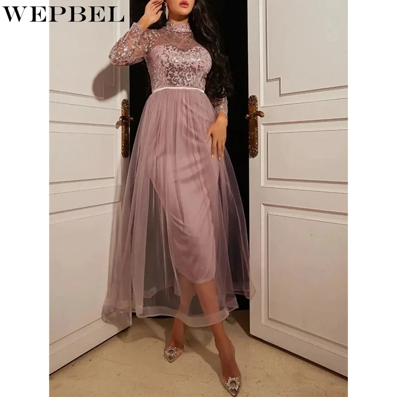 

WEPBEL Women's Elegant Sequins Mesh Hollow Out Party Evening Dress Ladies Sexy Fashion High Waist Prom Gown
