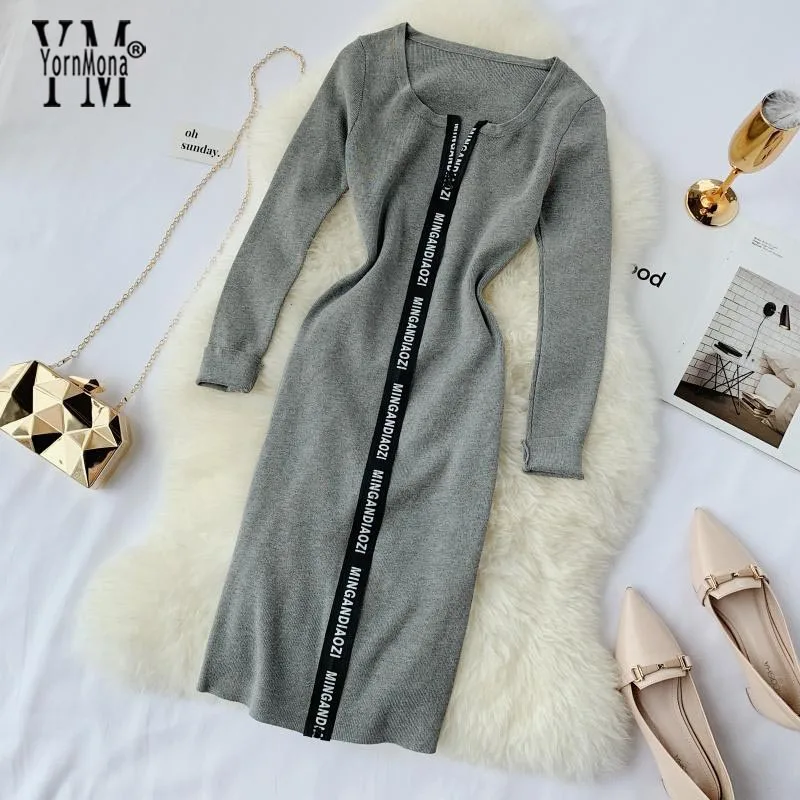 Серый YornMona Women Designer Casual Dress Letter Zipper O-neck Knitted Bodycon Dress Winter Elegant Ladies Office Dress Vestidos - Цвет: Серый