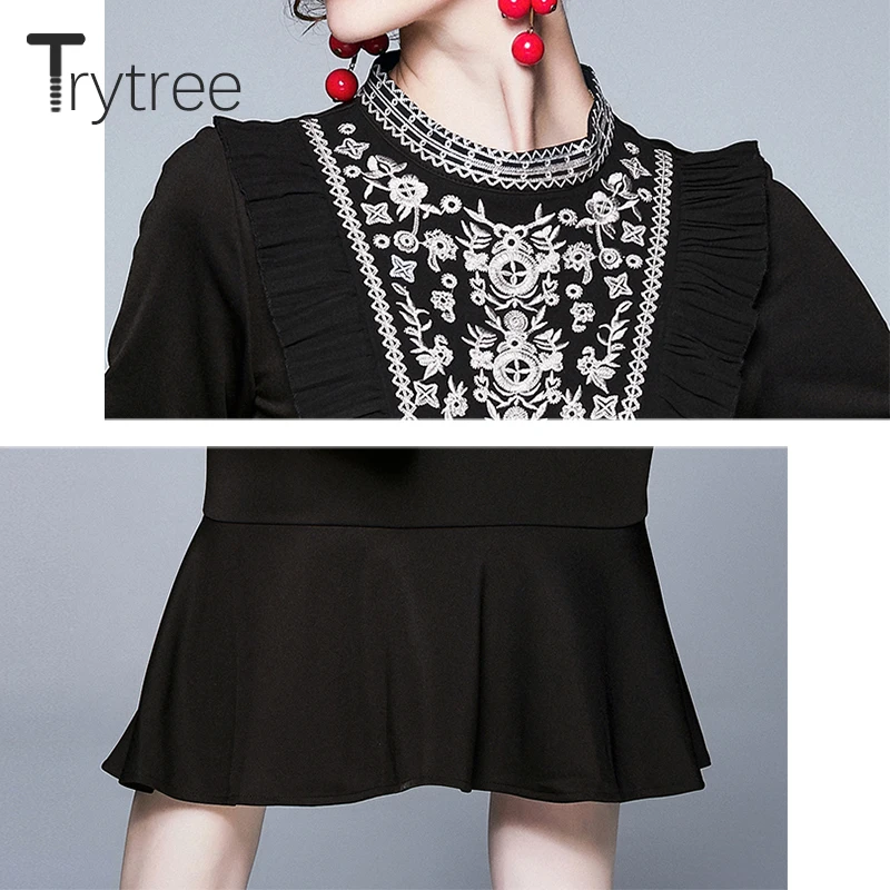 Trytree/2019 осеннее женское Повседневное платье с круглым вырезом и оборками Вышитое