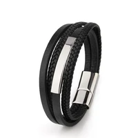 european and american new hot magnetic buckle artificial woven multi layer bracelet stainless steel tube leather men