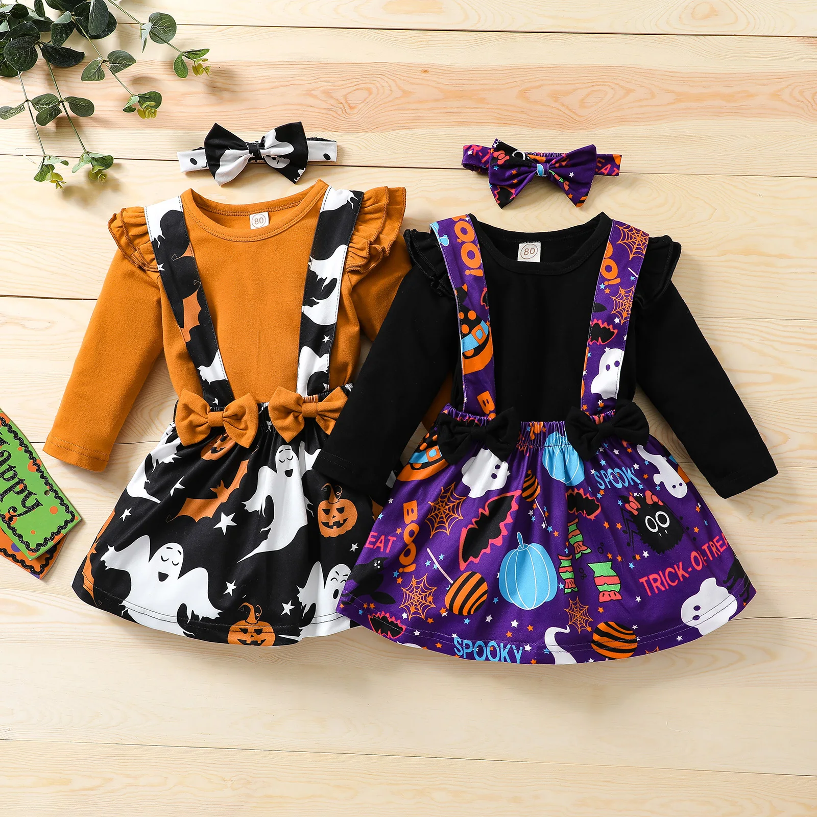 

Halloween Children Girls Clothing Sets Toddler Kids Girls Solid Long Sleeve T Shirts Tops+Cartoon Skirt+Headband Outfits