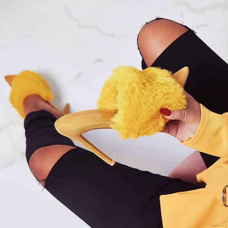 

2020 European Station Sandals Candy Color Luxury Rabbit Fur High Heel Sandals Slippers femme Evening Party Women Shoes 35-43