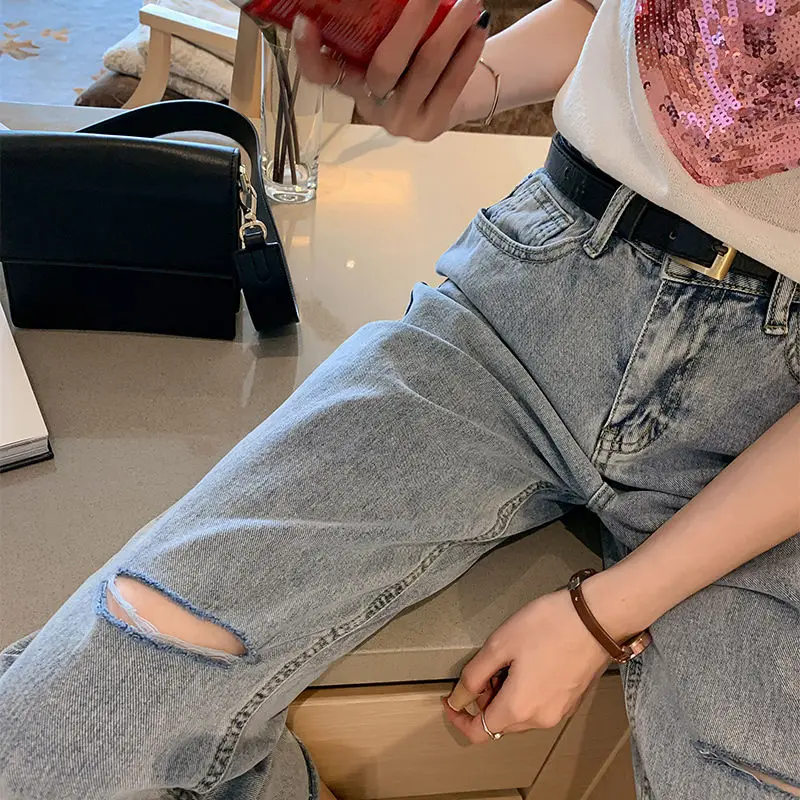 

Hole jeans women's straight pants loose 2020 summer high waist versatile show thin beggar Harlan radish pants