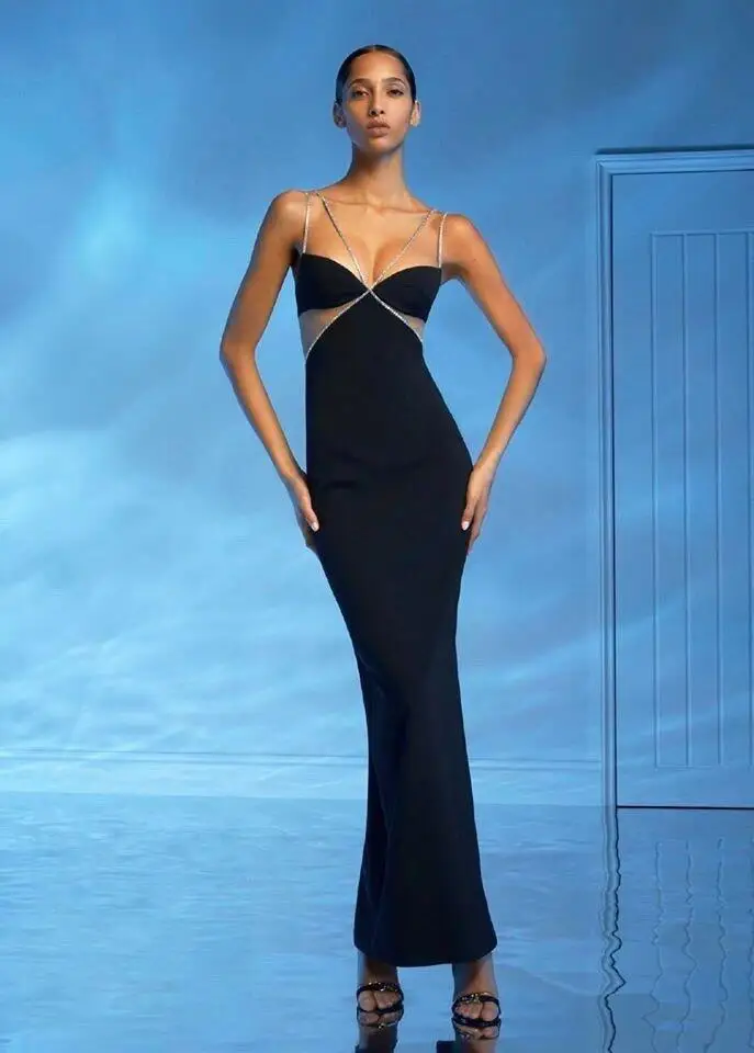 

2021 Summer Women Black Sexy Spaghetti Strap Mesh Patchwork Diamonds Maxi Dress Ladies Evening Party Dress Vestidos Clubwear