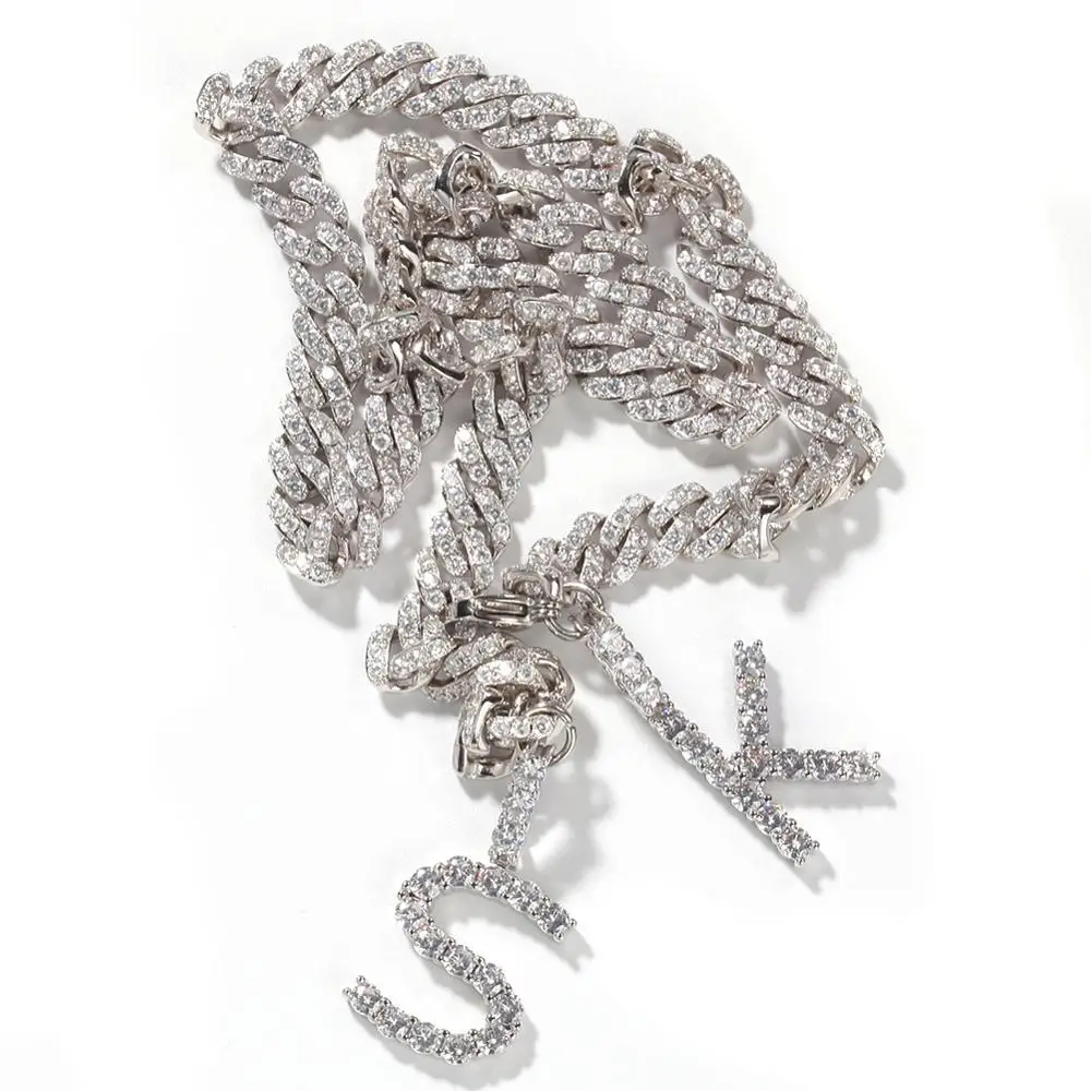На заказ 2 буквы кубинская цепочка Подвески ожерелье AAA CZ камень Bling Iced Out для мужчин хип хоп рэппер ювелирные изделия серебряный цвет Прямая