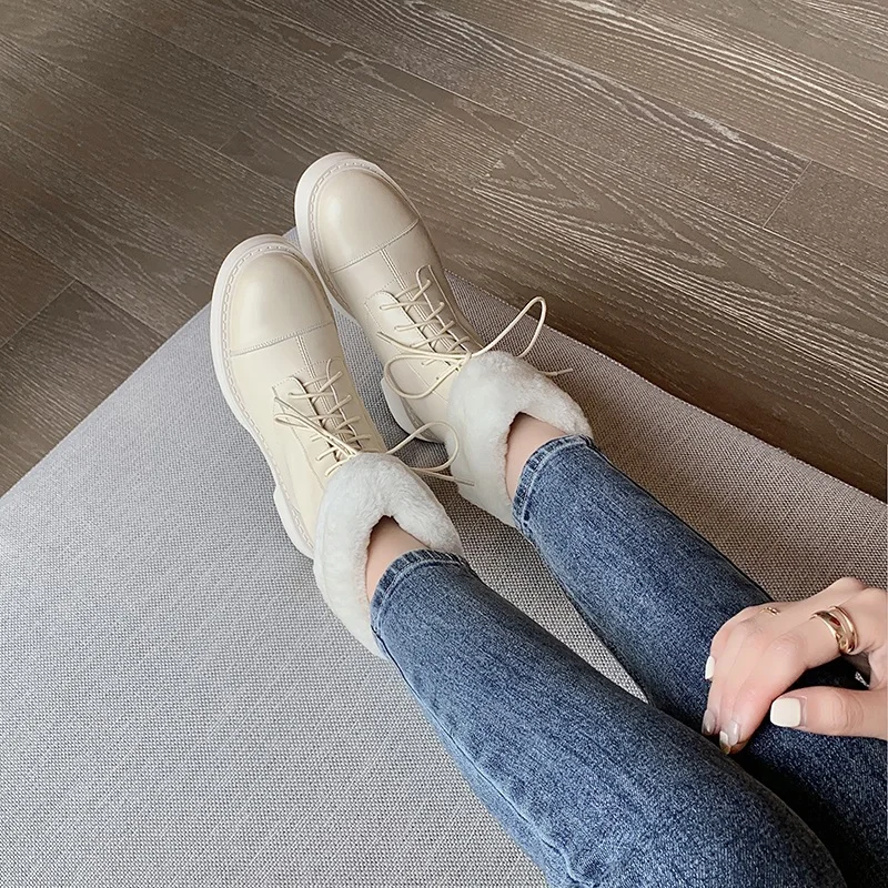 

platform ankle boots shoes woman soft leather fur casual shoes lace up black white winter snow boots ladies autumn ankle boots