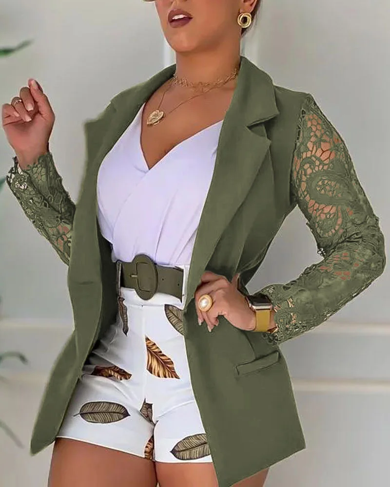 

Elegant Women Lace Splicing Long Sleeve Blazer Coat 2021 Fashion Casual Turn-down Collar Single Breasted Office Lady Jacket Coat