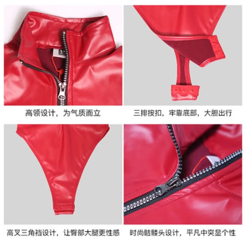 Боди из искусственной кожи с длинным рукавом чулки до бедра латексный