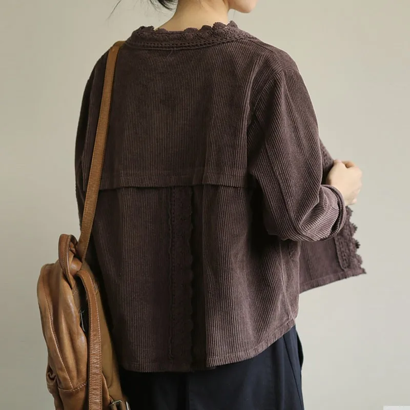 

Retro Patchwork Lace Pockets Corduroy Long Sleeve Coats 2021 Autumn New Women Single Breasted Solid Color Coat