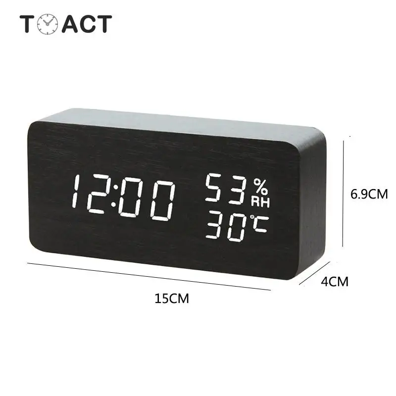 Светодиодный Деревянный цифровой будильник ночник Дисплей температура стол Clockes