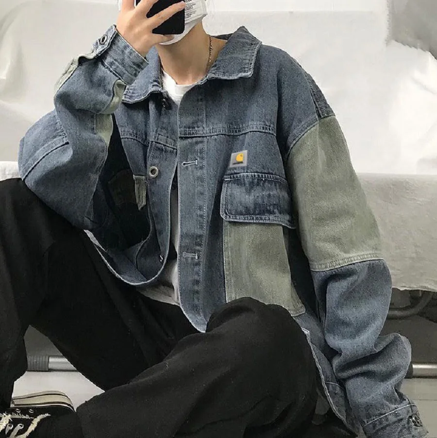 

Куртка мужская джинсовая с несколькими карманами, модная брендовая свободная повседневная одежда из денима, с прострочкой, уличная одежда ...