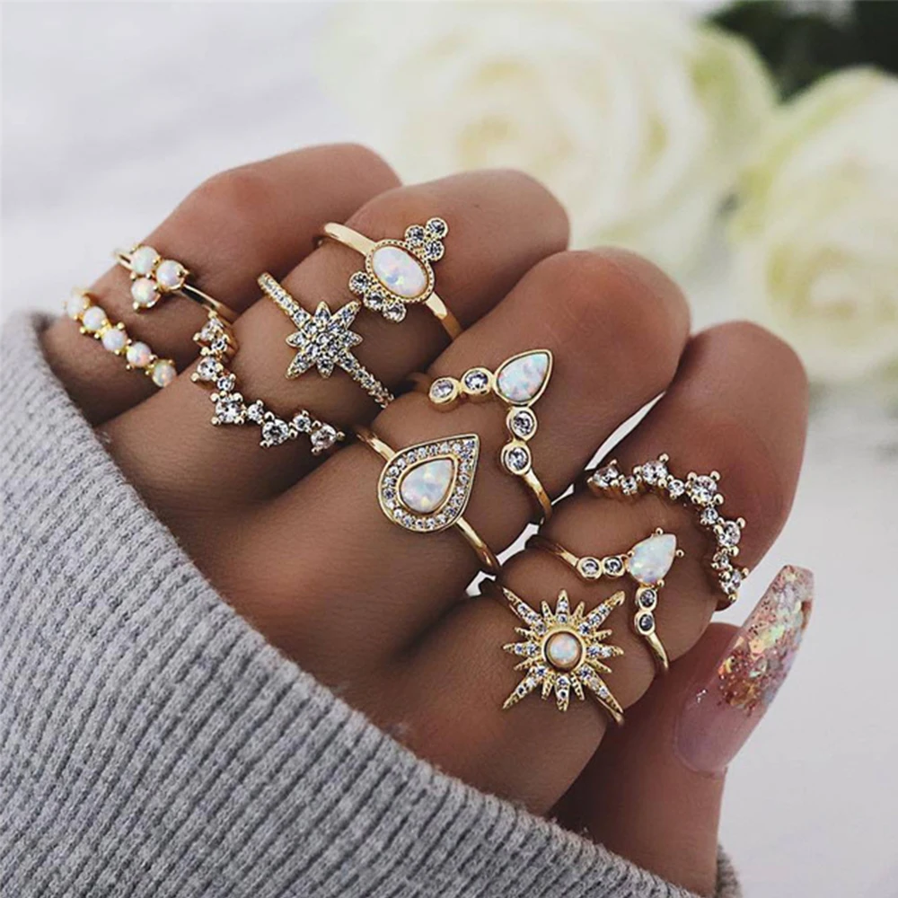 

50 Styles Boho Punk Rings Set Hollow Triangle Water Drop Sun Gem Crystal Decorations Accessories for Women Stone Finger Jewelry