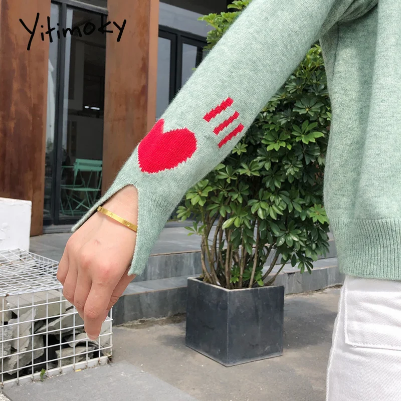 Женские Свитера s 2019 зима сердце вышивка длинный рукав топ с прорезями осенние