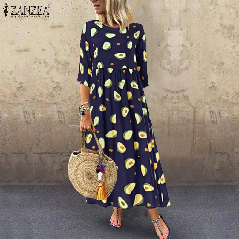 Элегантное Длинное Платье с принтом авокадо женские сарафаны ZANZEA 2019
