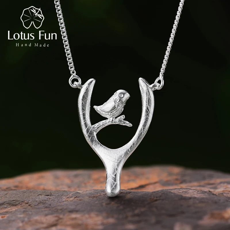 

Lotus Fun Real 925 Sterling Silver Handmade Fine Jewelry Bird and Wish Bone Necklace with Pendant Acessorios for Women Collier