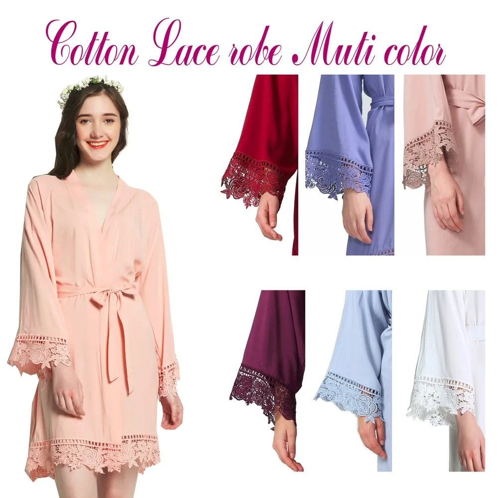 YUXINBRIDAL 2019 New mint Solid Rayon Cotton Bridesmaid Robes With Lace Trim Women Wedding Bridal Robe  Kimono bride robes