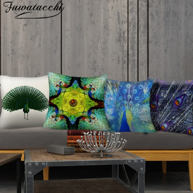 

Fuwatacchi Peacock Printed Cushion Cover Linen Throw Pillow Covers for Home Sofa Chair Decor Pillowcases Funda Cojin 45x45cm