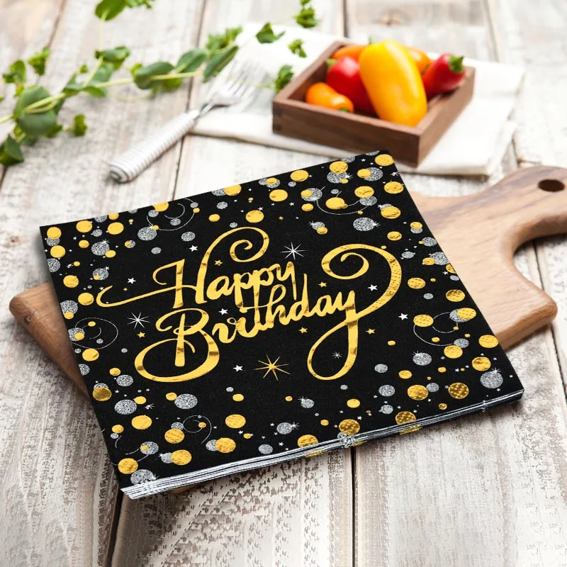 

20pcs Disposable Napkins Gold Black Paper Handkerchief Tissue Happy Birthday Party Disposable Tableware Supplies Decorations