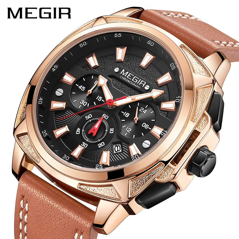 

Мужские спортивные часы MEGIR, водонепроницаемые часы с кожаным ремешком, военные кварцевые часы, Relogio Masculino