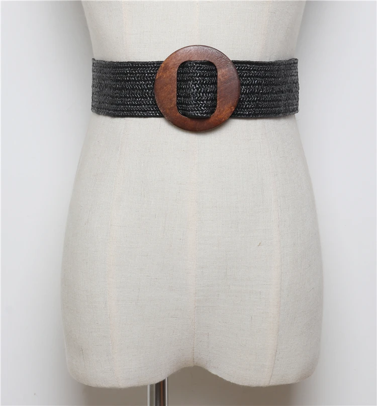 Round buckle Black Новинка, винтажная вязаная Вощеная Веревка, деревянная бусина, поясная веревка, Женский гладкий ремень с пряжкой, Женский тканый эластичный плетеный ремень - Цвет: Round buckle Black